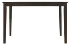 Rectangular dining table, dark brown wood top, four straight legs