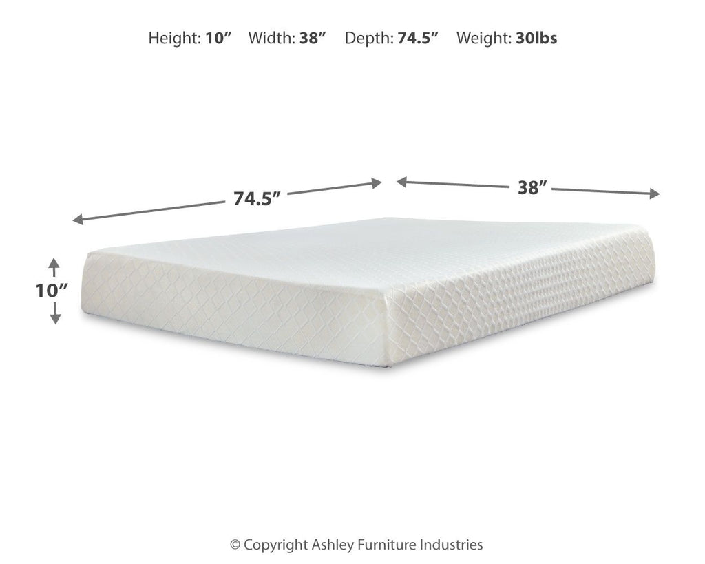 White firm memory foam mattress with 10-inch height and shown dimensions