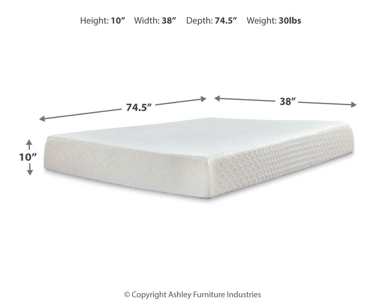 White firm memory foam mattress with 10-inch height and shown dimensions