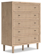 Cielden two-tone five-drawer wide chest, woven beige fronts, dark metal handles