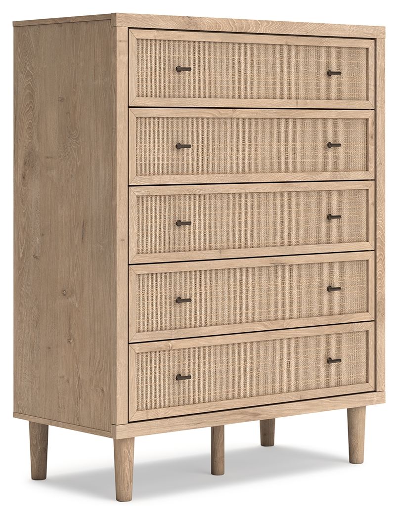 Cielden two-tone five-drawer wide chest, woven beige fronts, dark metal handles