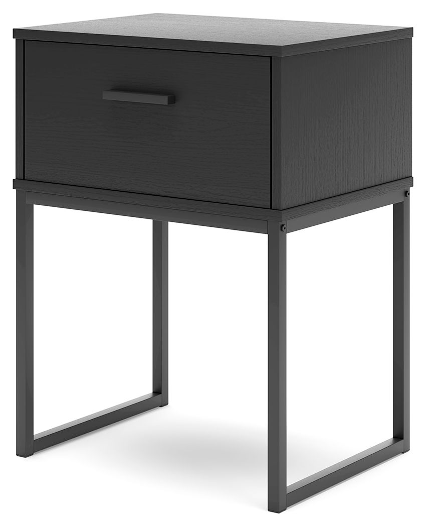 Black night stand with one drawer and metal bar handle, open base frame.
