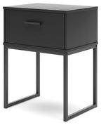 Black night stand with one drawer and metal bar handle, open base frame.