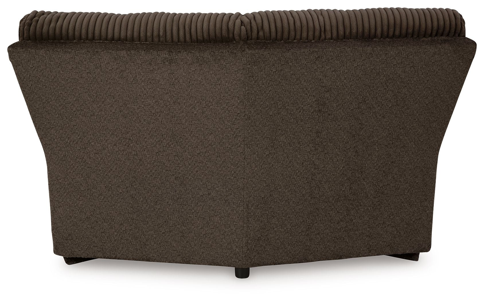 Chocolate brown upholstered wedge sofa section with wide back and tapered base