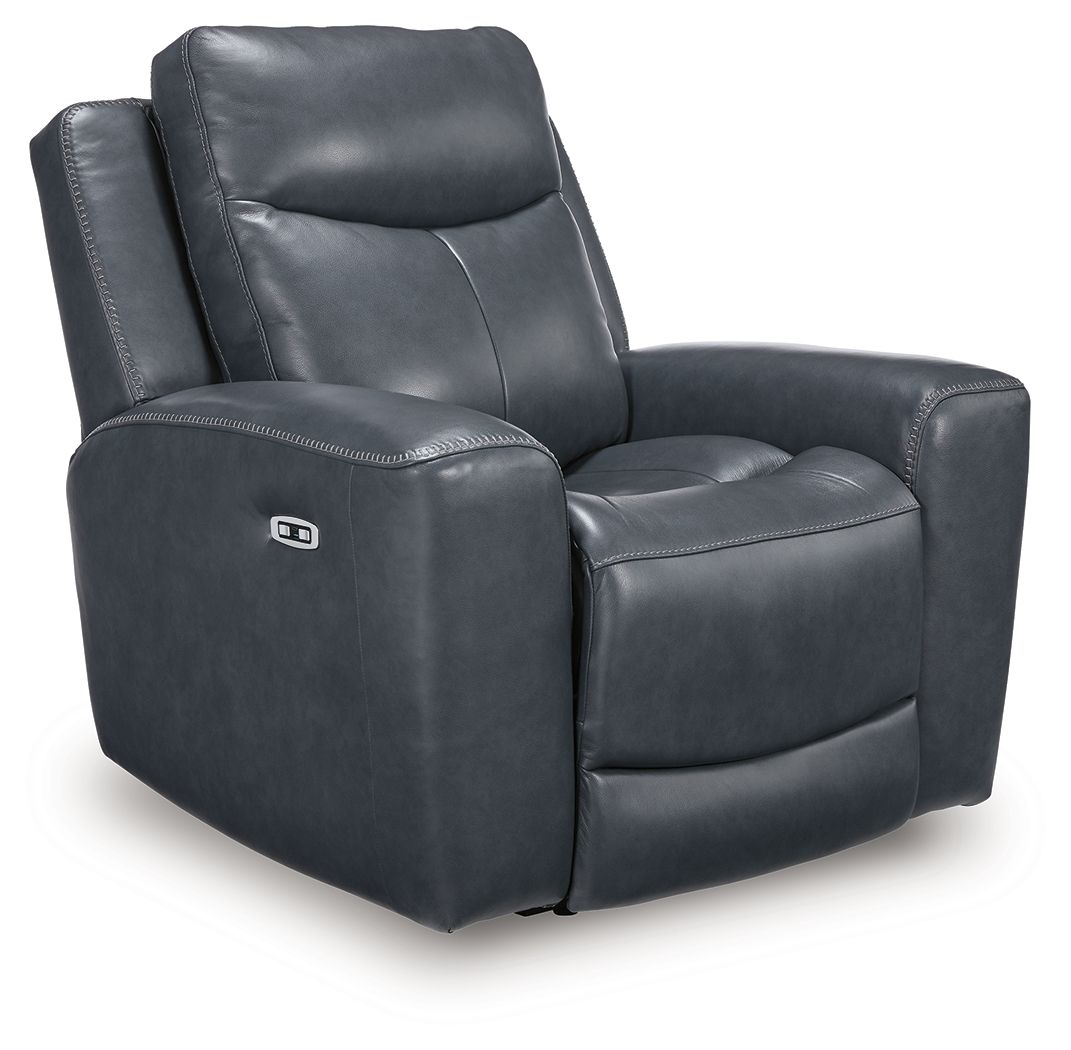 Blue leather-look power recliner with adjustable headrest and padded armrests