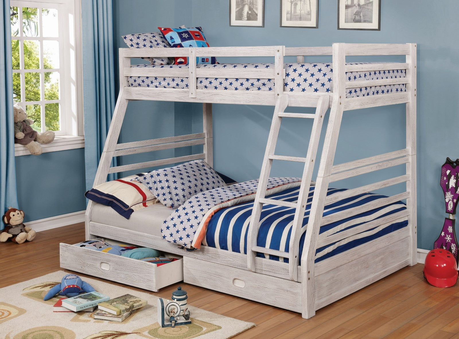 Twin Over Full Bunk Bed with Drawers & Ladder - Wire-Brushed White