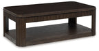 Dark brown rectangular cocktail table with slatted frame and lower shelf, wood-look finish.