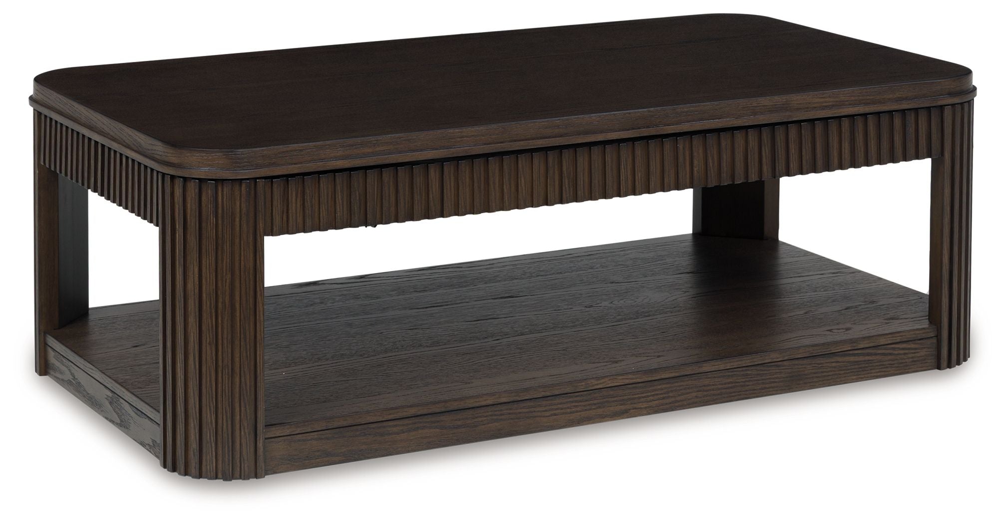 Dark brown rectangular cocktail table with slatted frame and lower shelf, wood-look finish.