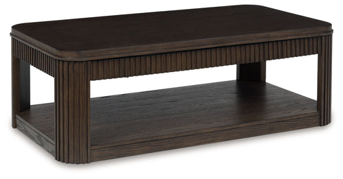 Dark brown rectangular cocktail table with slatted frame and lower shelf, wood-look finish.