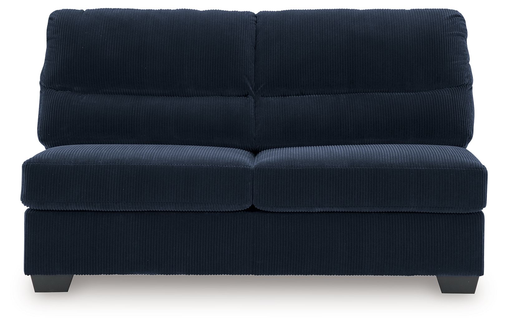 Navy armless loveseat with segmented back cushions, padded seat, and low block legs.