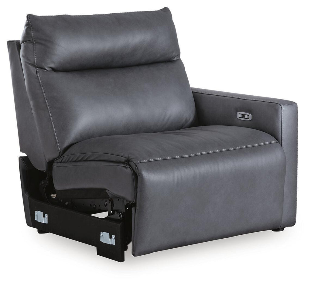 Dark blue power recliner chair with padded armrests and headrest