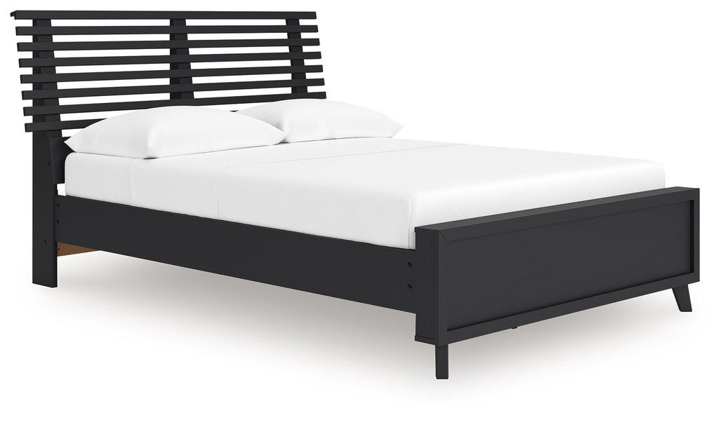 Black full slat panel bed with headboard slats and upholstered mattress frame