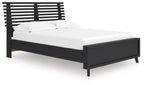Black full slat panel bed with headboard slats and upholstered mattress frame