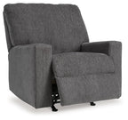 Pewter fabric rocker recliner chair with extended footrest and thick, padded back
