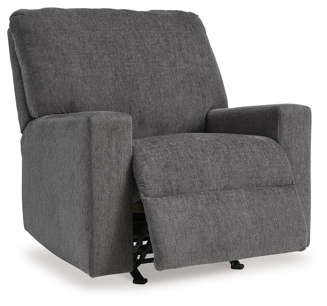 Pewter fabric rocker recliner chair with extended footrest and thick, padded back
