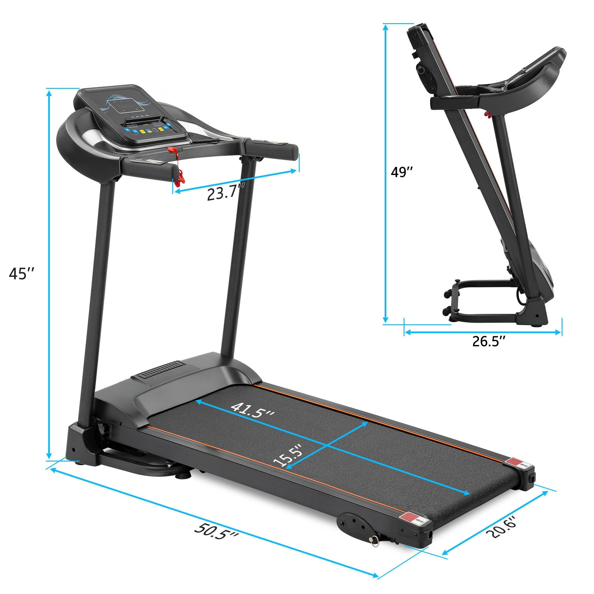 Compact Motorized Folding Treadmill with Audio Speakers and Incline Adjuster | Easy Running Jogging Machine