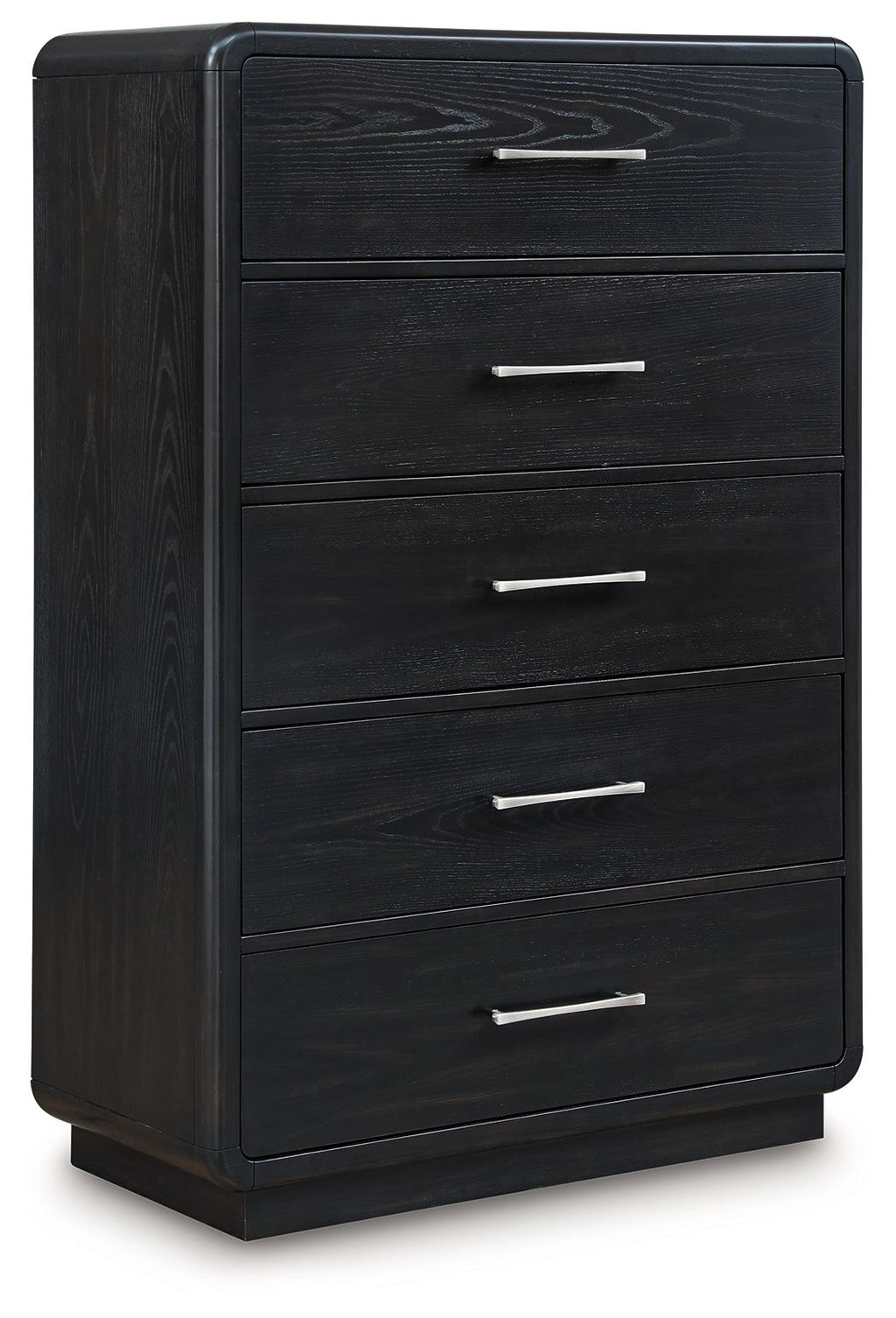 Black five-drawer chest with metal bar handles and vertical side paneling.