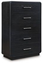 Black five-drawer chest with metal bar handles and vertical side paneling.
