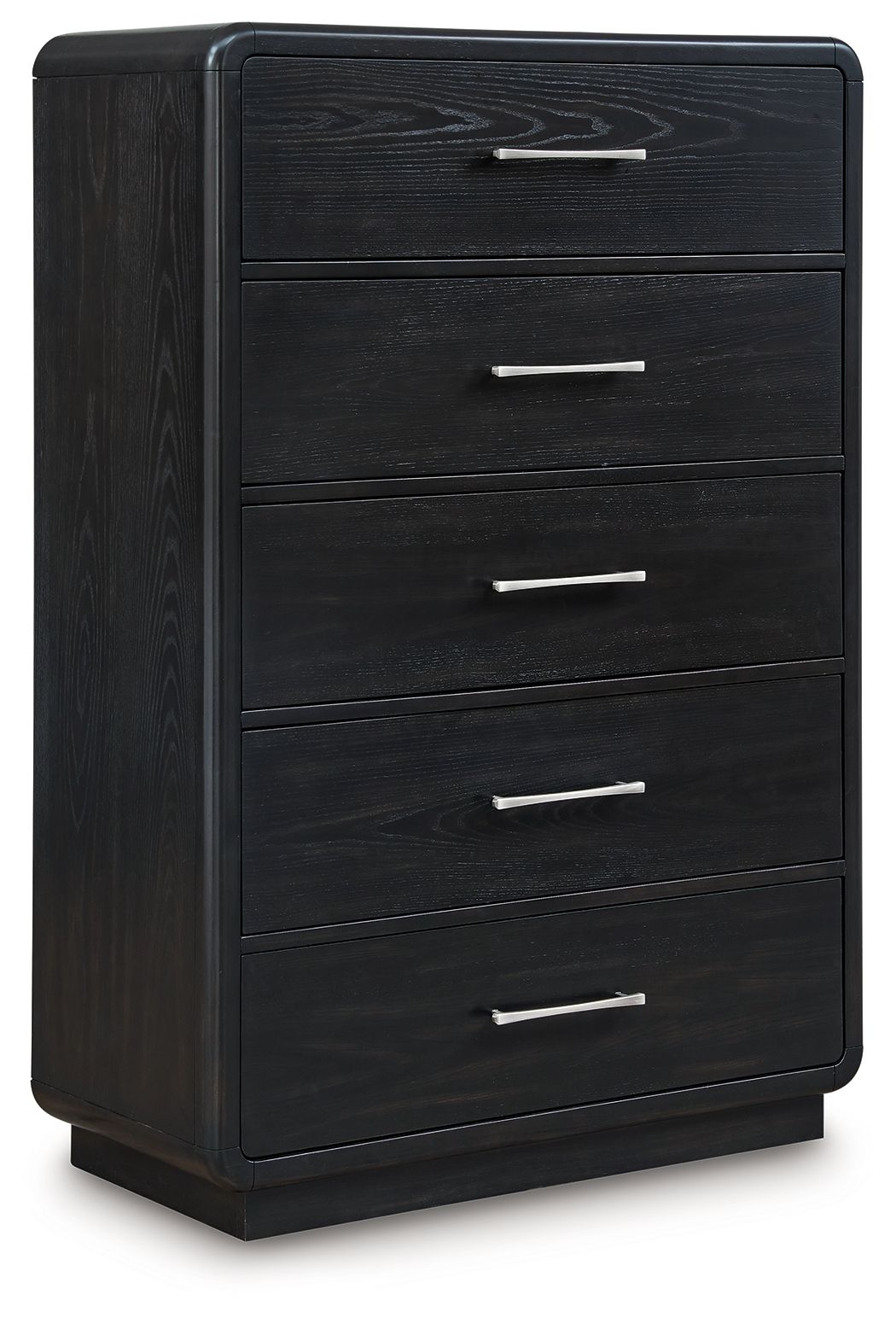 Black five-drawer chest with metal bar handles and vertical side paneling.