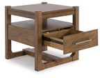 Light brown square end table with open front drawer and two-tier shelves