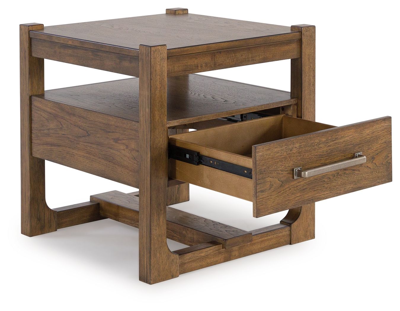 Light brown square end table with open front drawer and two-tier shelves