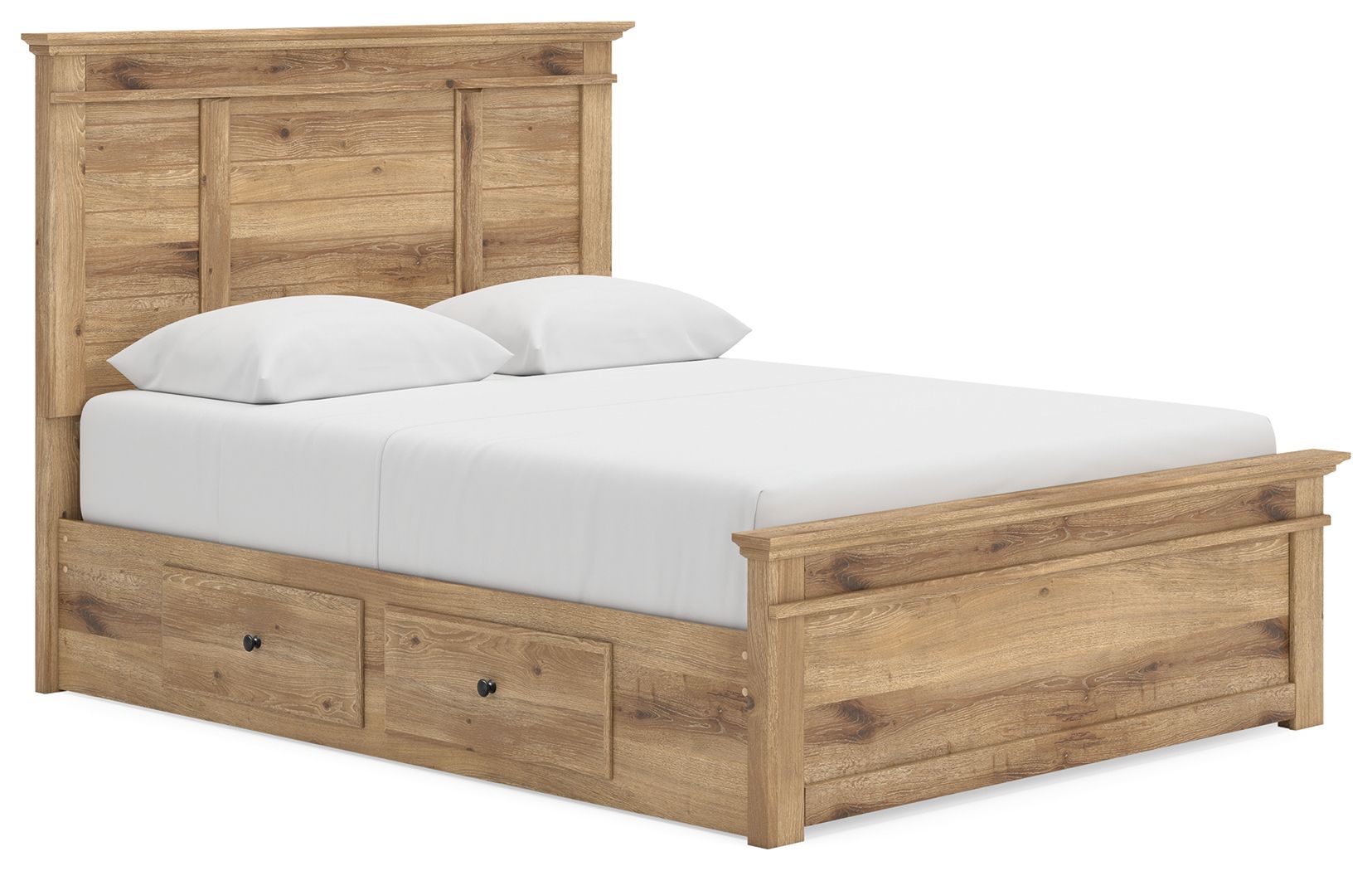 Light brown panel storage bed with white mattress and wide headboard panels
