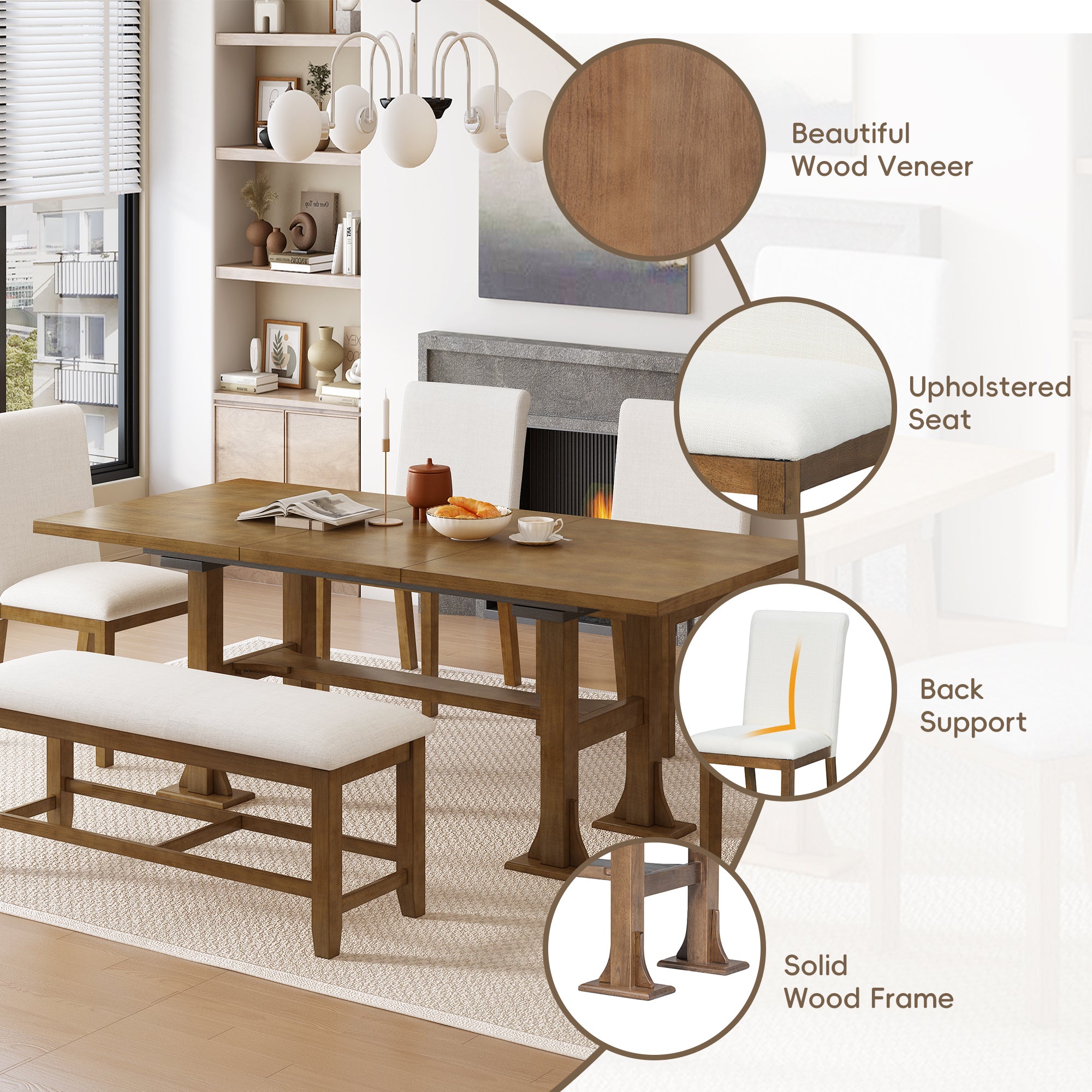 76" Farmhouse Dining Table Set - 6 Piece