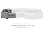 Left-arm facing gray corner chair section with patterned pillows and black legs