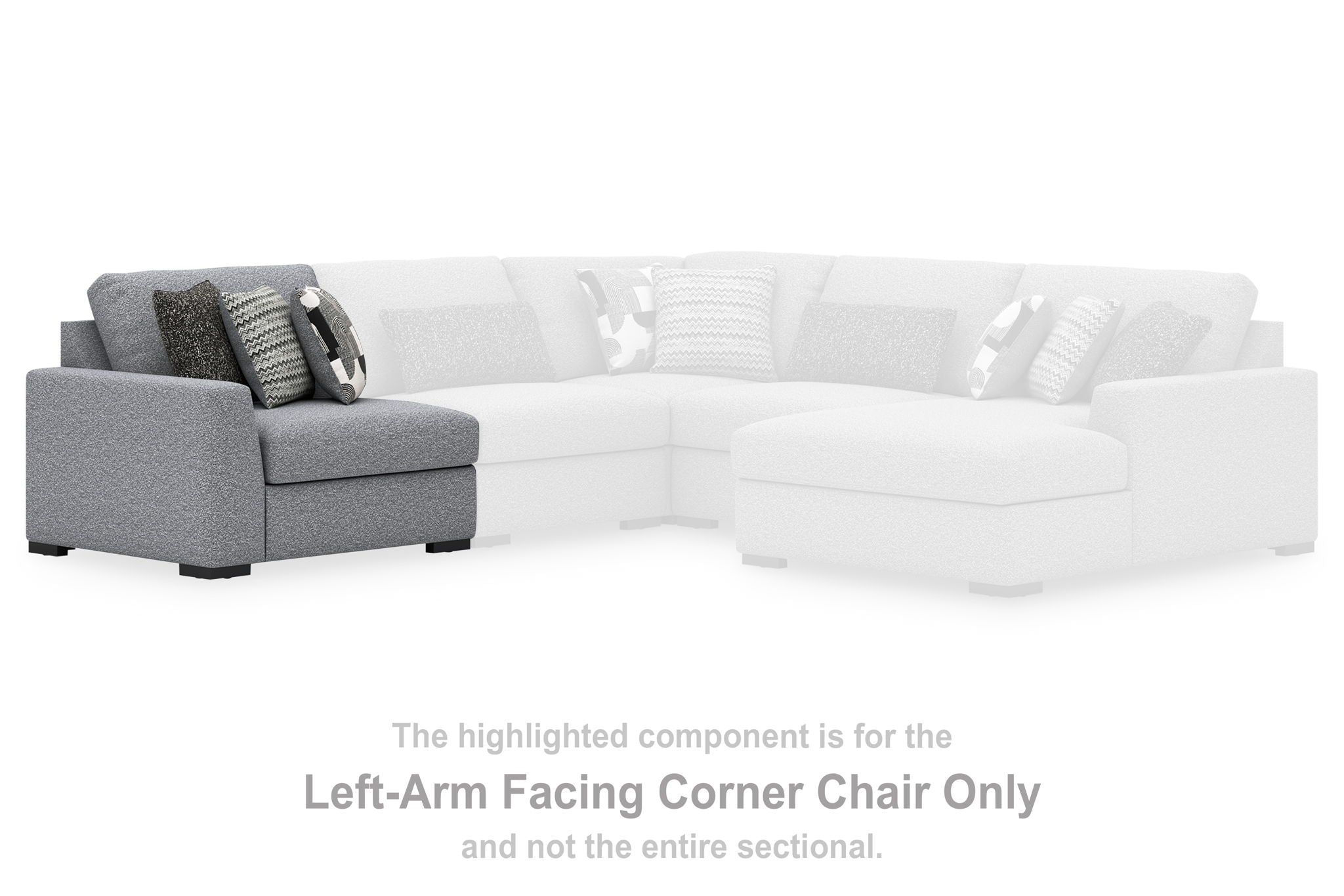 Left-arm facing gray corner chair section with patterned pillows and black legs