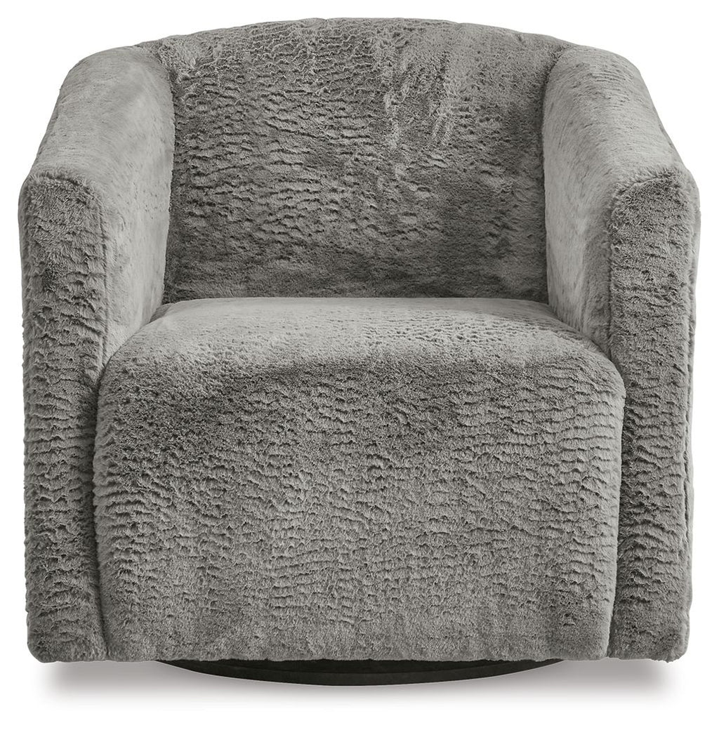 Textured charcoal gray swivel accent chair, rounded arms, thick back and seat