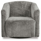 Textured charcoal gray swivel accent chair, rounded arms, thick back and seat