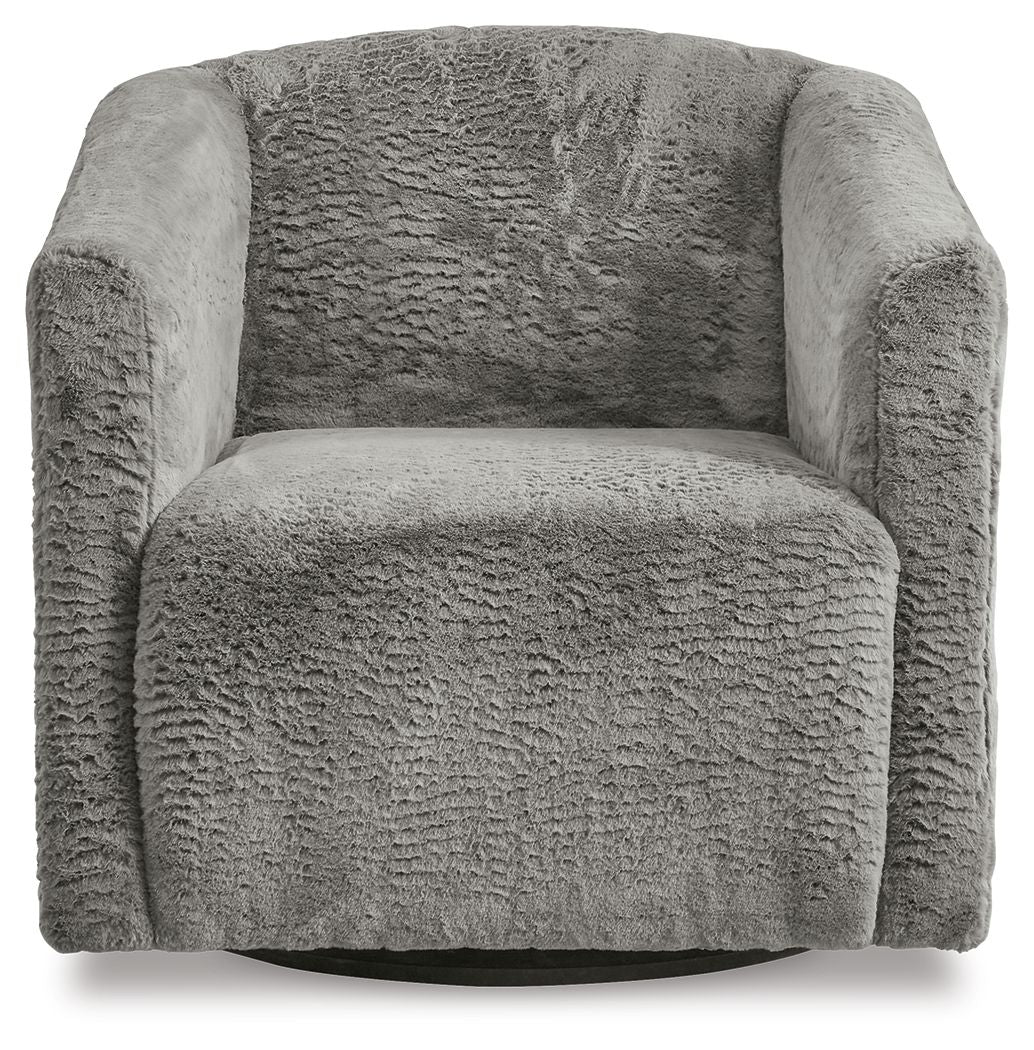 Textured charcoal gray swivel accent chair, rounded arms, thick back and seat