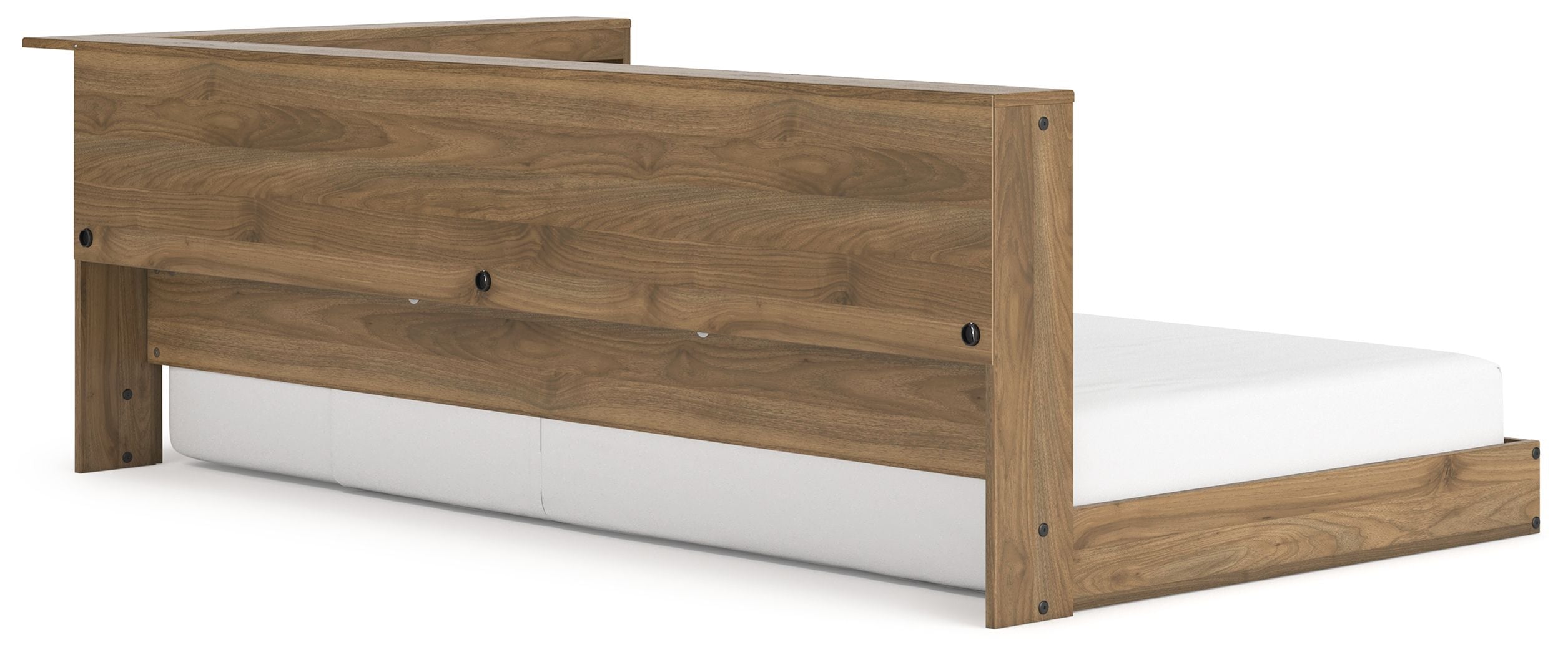 Light brown storage bed with front shelf panels and white mattress