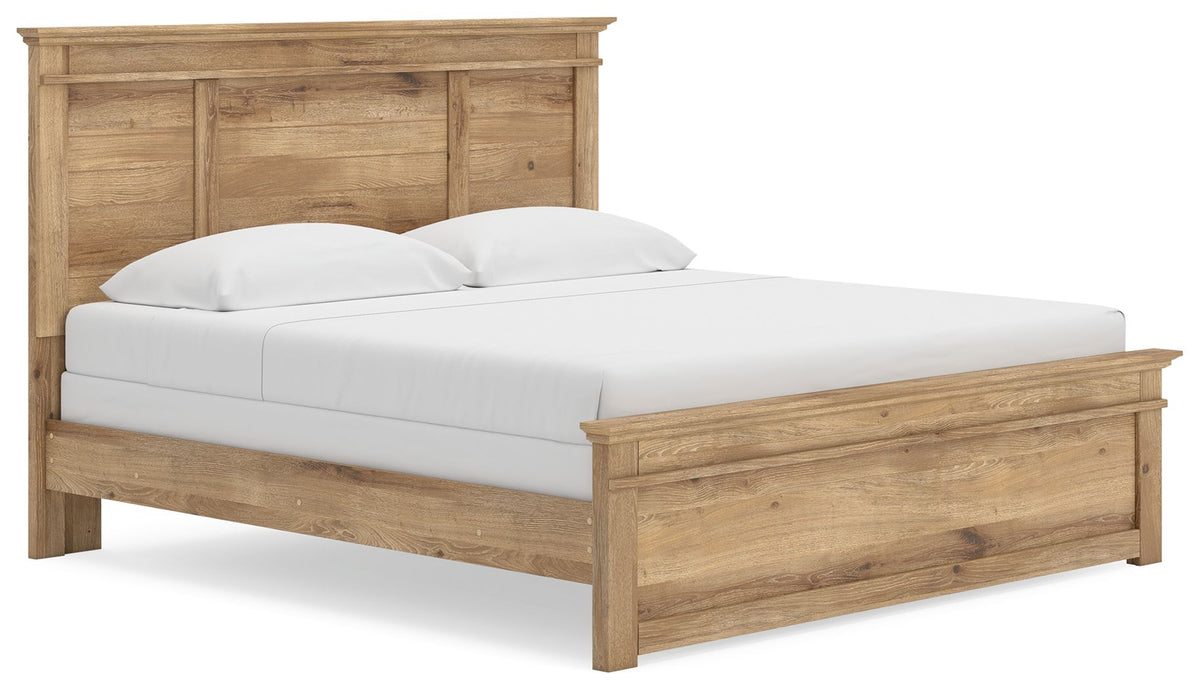 Light brown panel bed with tall headboard and matching footboard, white mattress and pillows.