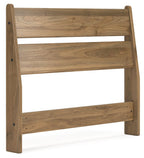 Twin panel headboard in light honey wood, angled view with side posts