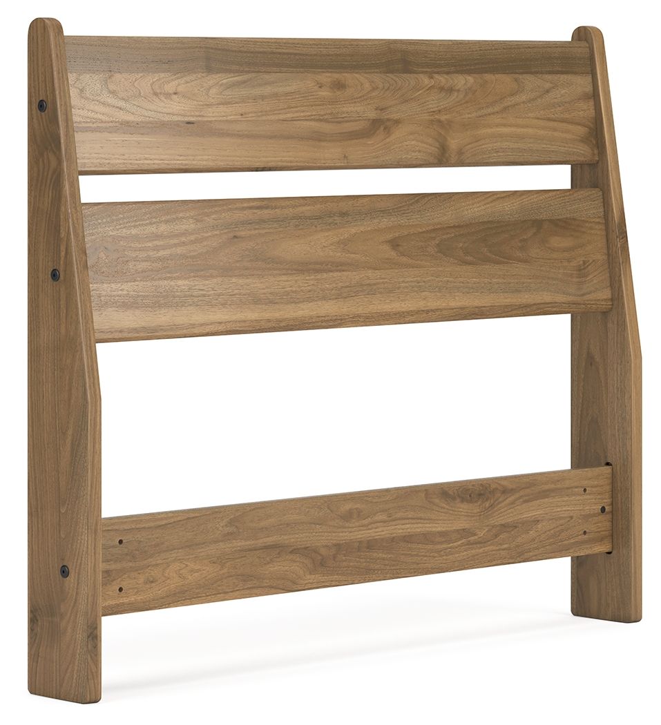 Twin panel headboard in light honey wood, angled view with side posts