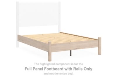 Tan wooden full panel footboard with rails and slatted bed base