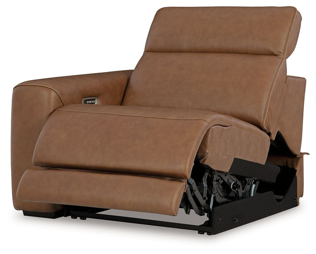 Caramel brown power recliner with adjustable footrest and visible power base