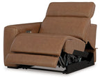 Caramel brown power recliner with adjustable footrest and visible power base