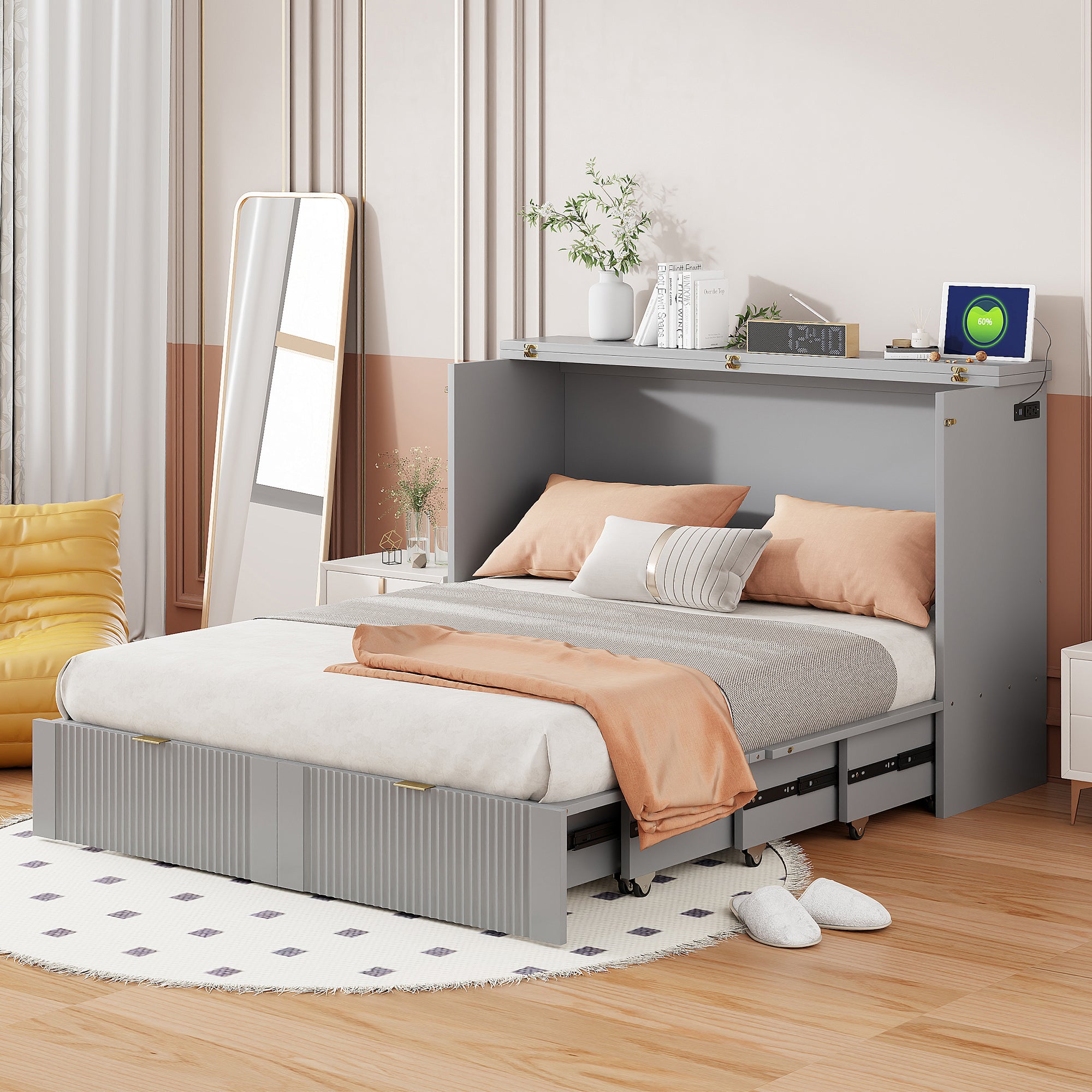 Full Size Murphy Bed with Drawer, USB & Sockets - Gray Space-Saving