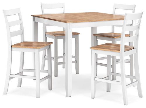 Dining room counter table set with white chairs and dark wood tabletop