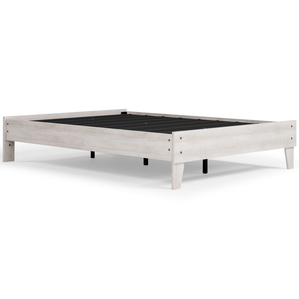 White platform bed frame with black slat support and sturdy corner posts