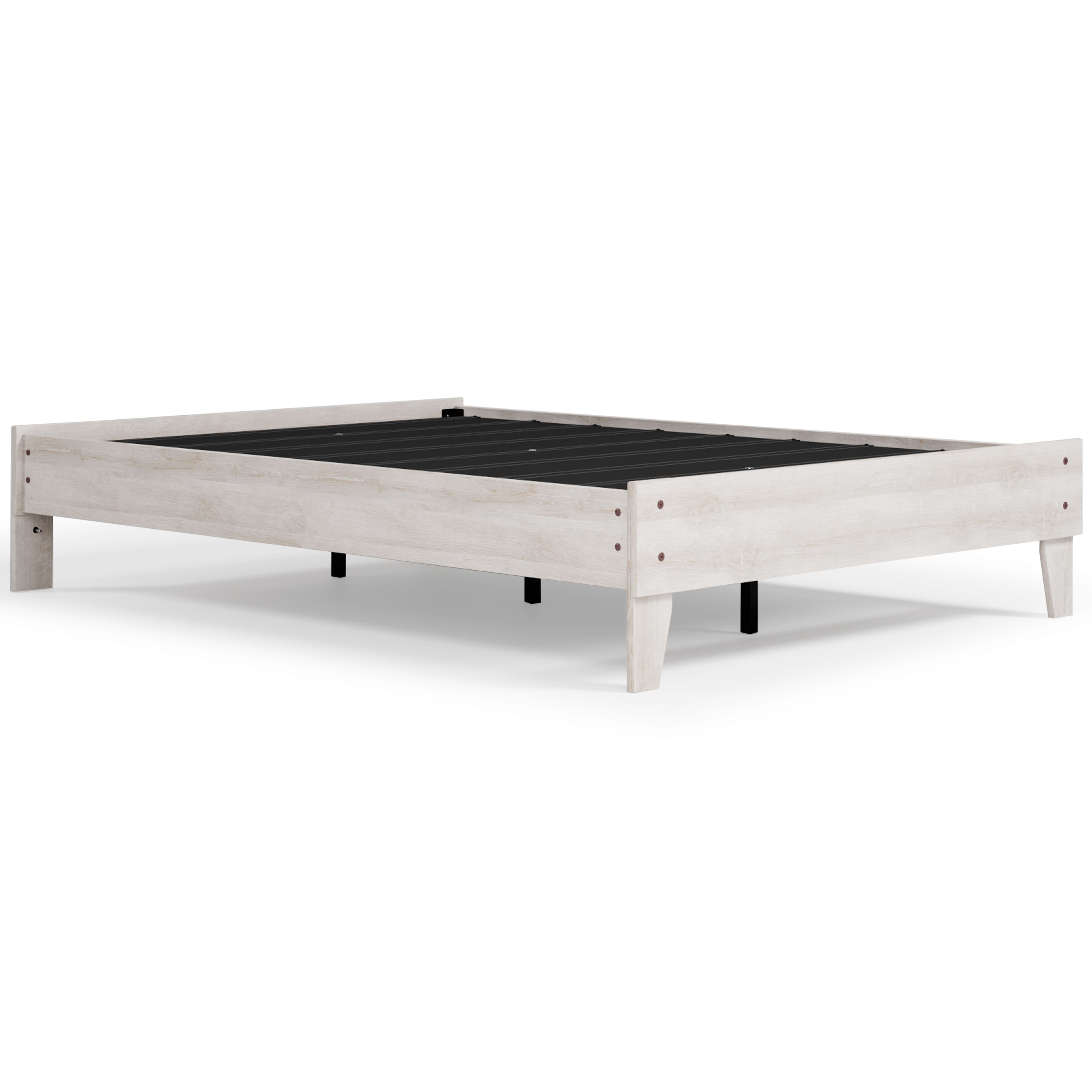 White platform bed frame with black slat support and sturdy corner posts