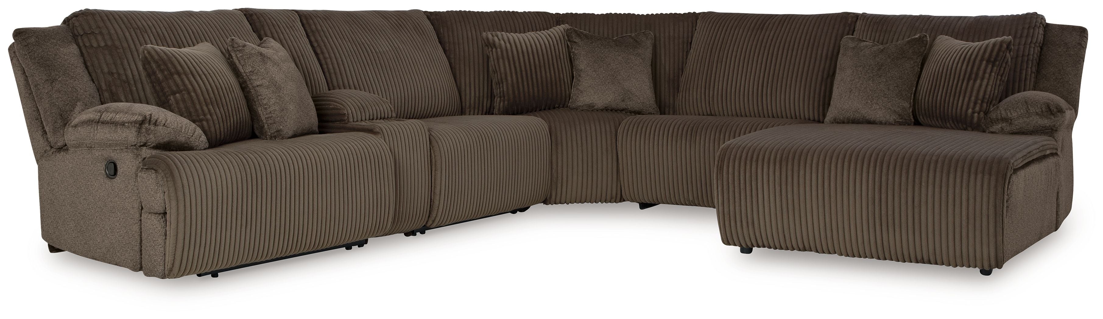Chocolate brown striped reclining sectional sofa with chaise and padded armrests