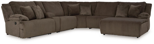 Chocolate brown striped reclining sectional sofa with chaise and padded armrests