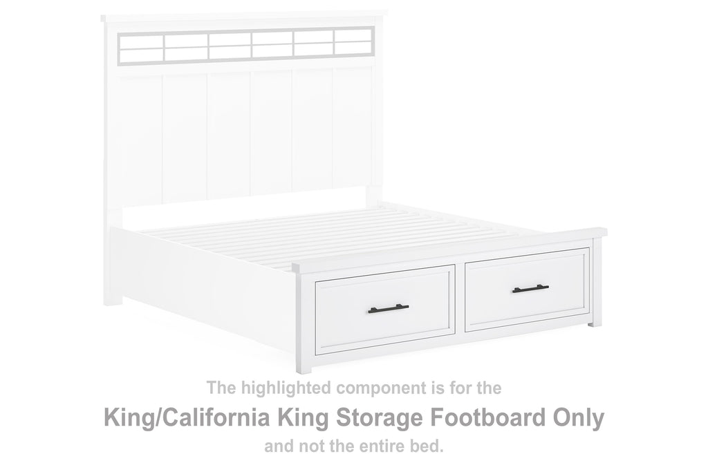 White storage footboard with two drawers and black handles