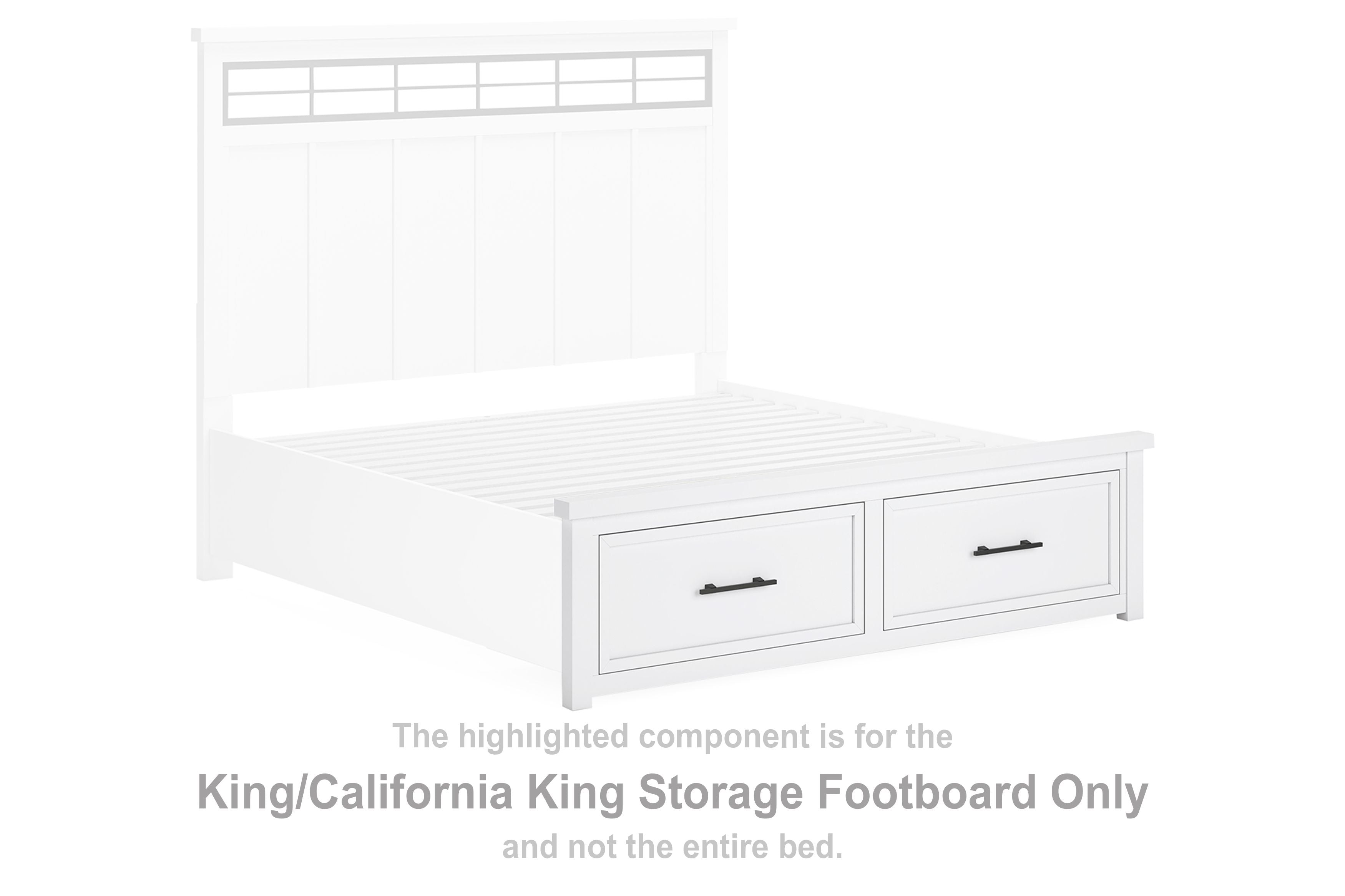White storage footboard with two drawers and black handles