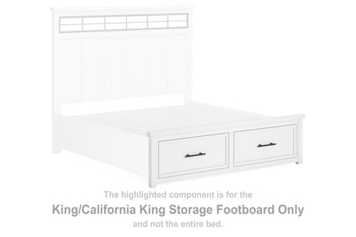 White storage footboard with two drawers and black handles