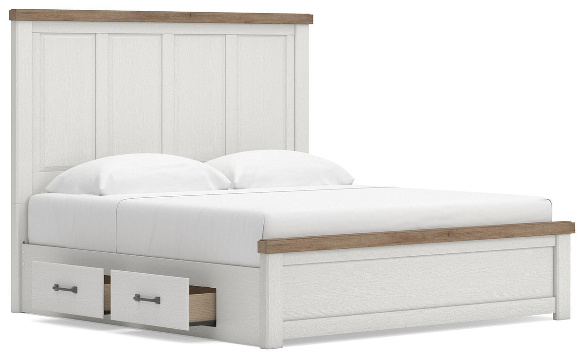 White storage bed with wood-trim headboard and two front pull-out drawers, close front view