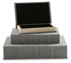 Gray fabric keepsake box set with open lid and light wood inner tray